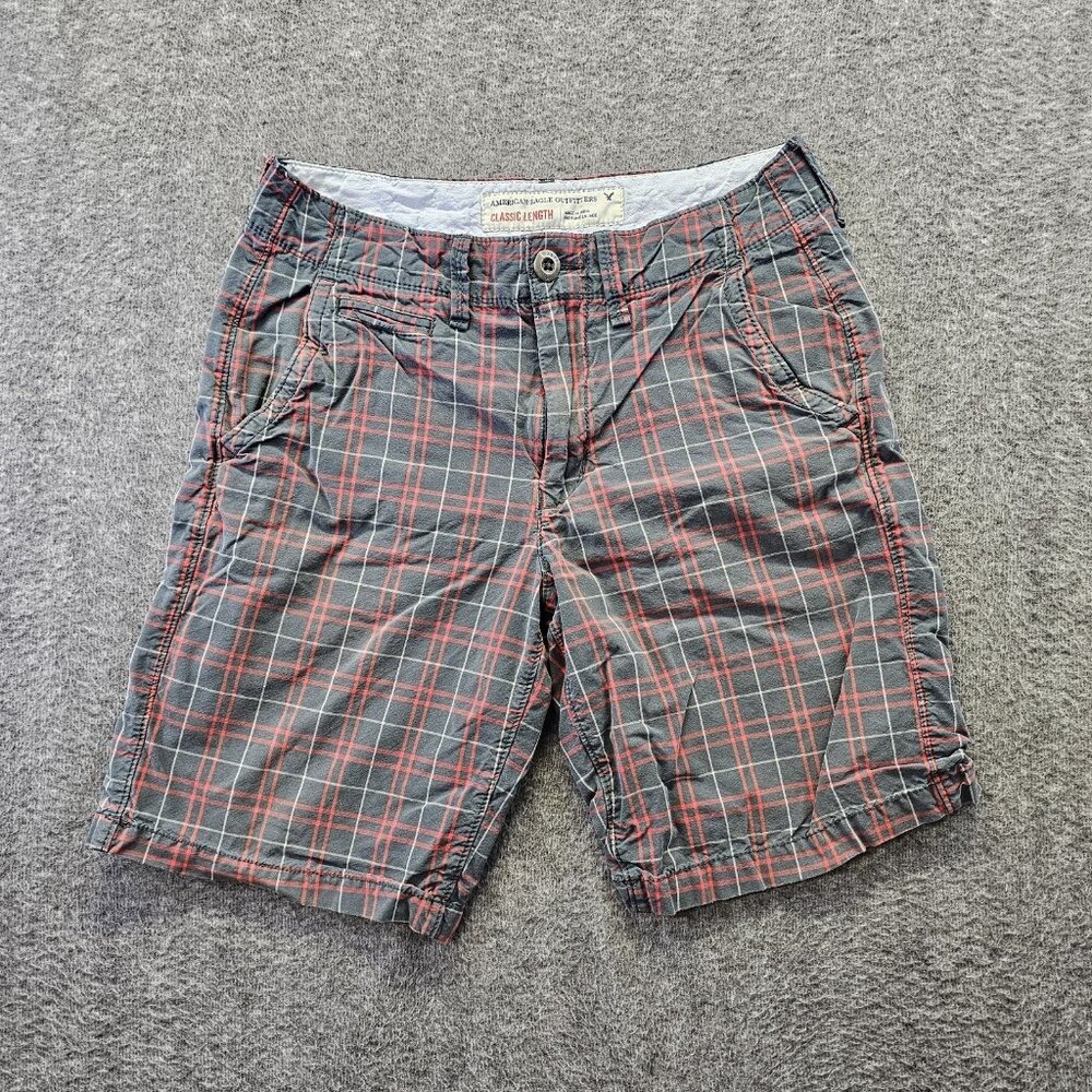 American Eagle Mens Chino Shorts 28 x 9 Red Blue Plaid Classic Length